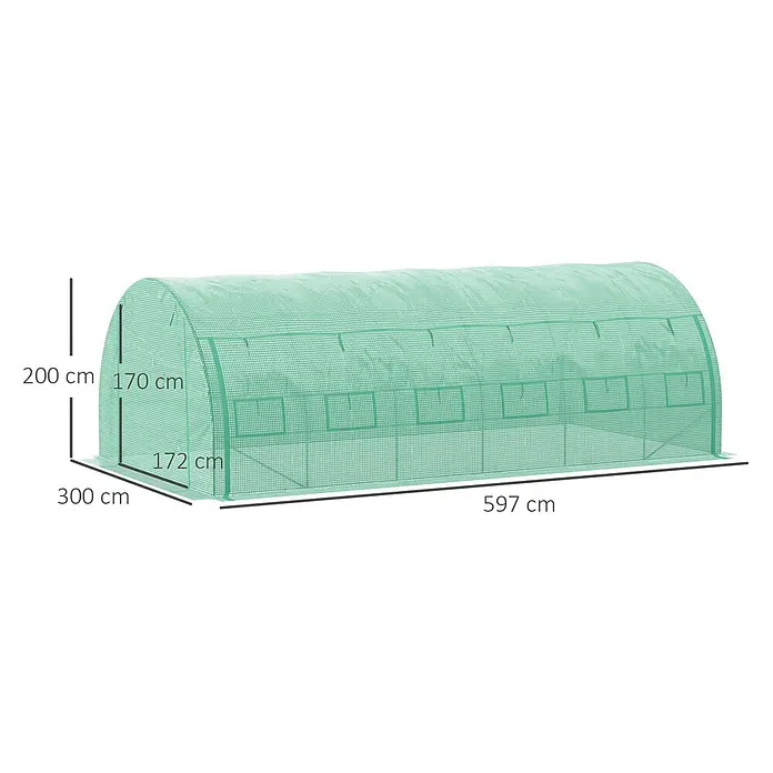 Outsunny Gewächshaus - 597 x 300 cm, Material Seitenwand: Kunststoff, 2 mm - Großes grünes Tunnelgewächshaus mit transparenter, verstärkter Netzfolie und seitlichen Lüftungsfenstern.