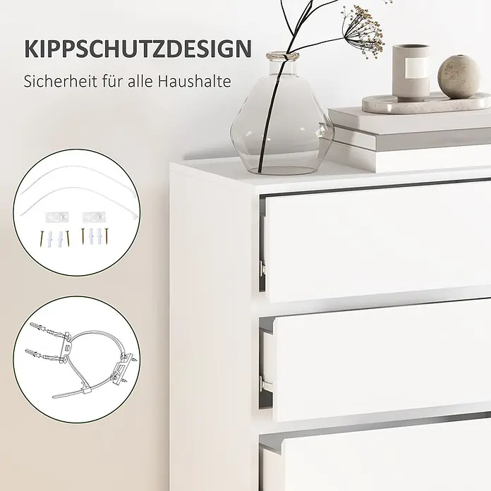 Homcom Kommode 1-teilig - L x B x H: 55 x 34 x 100 cm, Weiß, Anzahl Schubladen: 5 Stk. - Weiße Kommode mit beiliegendem Kippschutz-Set und Installationsdiagramm.