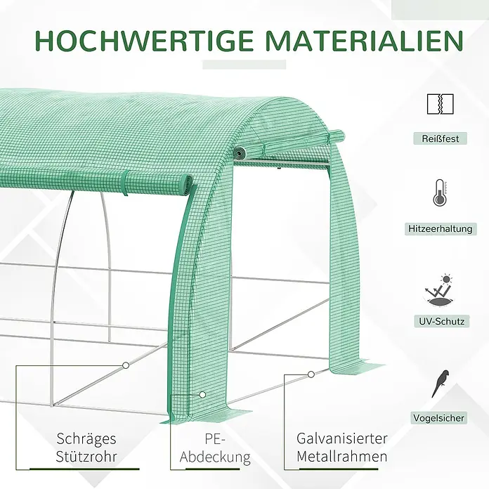 Outsunny Gewächshaus - 597 x 300 cm, Material Seitenwand: Kunststoff, 2 mm - Gewächshaus-Detail mit grüner PE-Abdeckung und verzinktem Metallrahmen. Merkmale: reißfest, hitzebeständig, UV- und Vogelschutz.