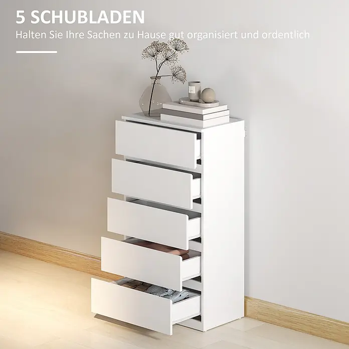 Homcom Kommode 1-teilig - L x B x H: 55 x 34 x 100 cm, Weiß, Anzahl Schubladen: 5 Stk. - Weiße Kommode mit 5 Schubladen, einige offen mit Kleidung. Dekorative Gegenstände auf der Oberseite.