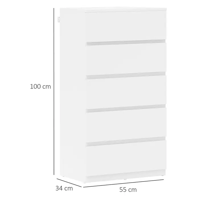 Homcom Kommode 1-teilig - L x B x H: 55 x 34 x 100 cm, Weiß, Anzahl Schubladen: 5 Stk. - Weiße Kommode mit 5 Schubladen aus Holz, 100x55x34 cm.