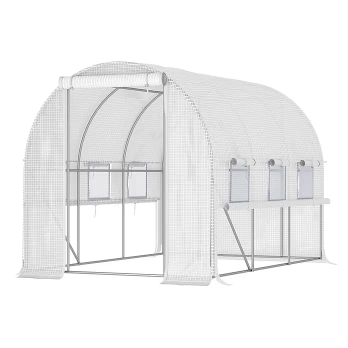 Outsunny Gewächshaus - 295 x 200 cm, Material Seitenwand: Kunststoff, 2 mm - Weißes Folien-Gewächshaus mit transparenter Gitterabdeckung, Metallrahmen und aufrollbaren Fenstern.