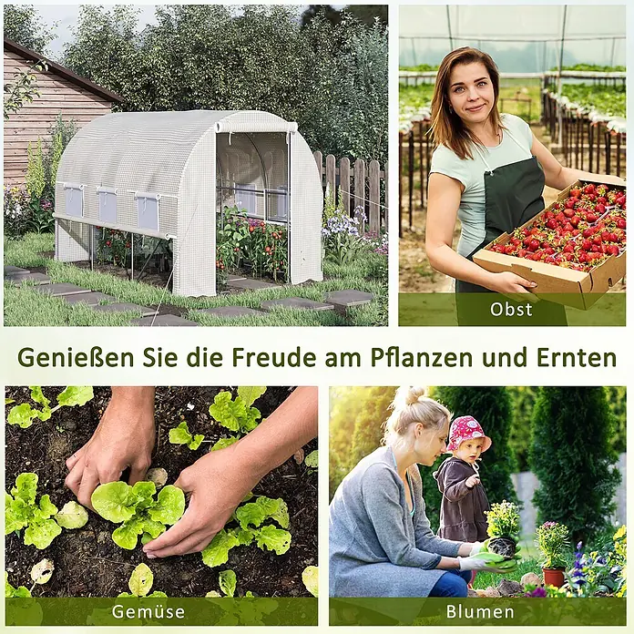Outsunny Gewächshaus - 295 x 200 cm, Material Seitenwand: Kunststoff, 2 mm - Weißes Tunnelgewächshaus mit Gittermuster im Garten, ideal zum Anbau von Gemüse, Obst und Blumen.