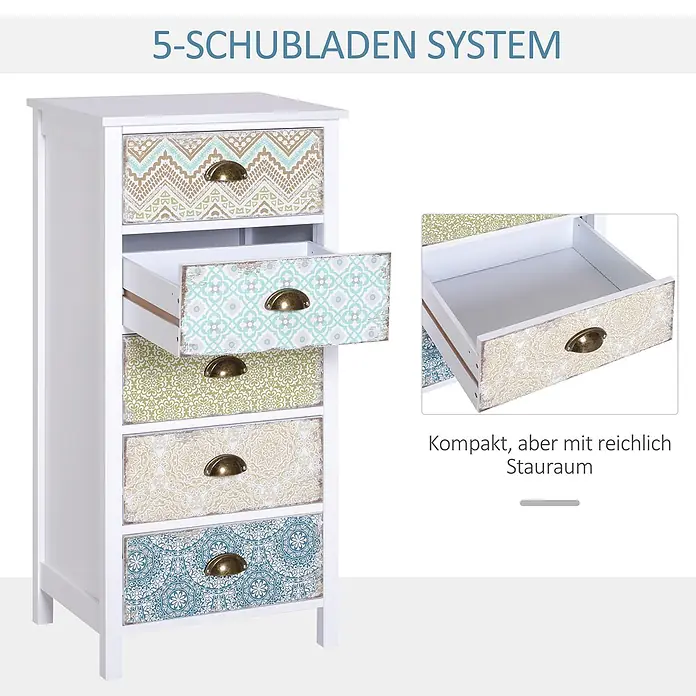 Homcom Kommode 1-teilig - Weiß, bunt, Anzahl Schubladen: 5 Stk. - Weißes 5-Schubladen-System mit gemusterten Fronten und Messinggriffen, eine Schublade geöffnet.