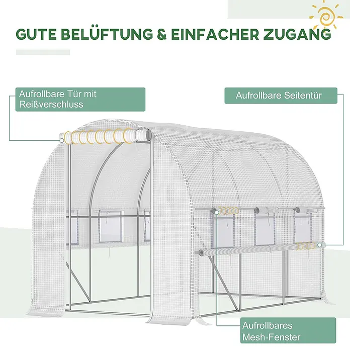 Outsunny Gewächshaus - 295 x 200 cm, Material Seitenwand: Kunststoff, 2 mm - Weißes Gitter-Gewächshaus mit aufrollbarer Fronttür, Seitentür und Mesh-Fenstern für Belüftung und Zugang.