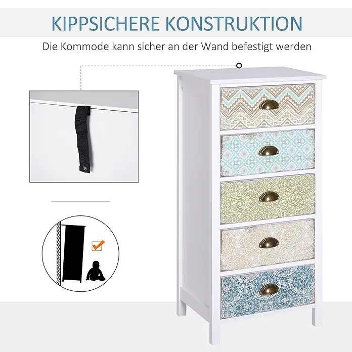 Homcom Kommode 1-teilig - Weiß, bunt, Anzahl Schubladen: 5 Stk. - Weiße Kommode mit 5 gemusterten Schubladen und Bronzegriffen, ausgestattet mit Kippschutz zur sicheren Wandbefestigung.