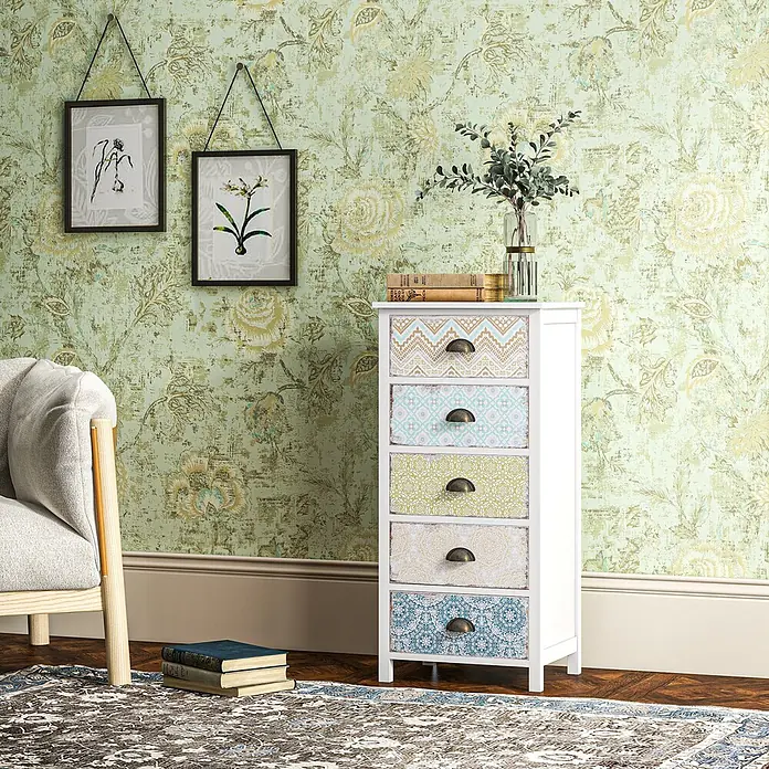 Homcom Kommode 1-teilig - Weiß, bunt, Anzahl Schubladen: 5 Stk. - Hohe weiße Kommode mit 5 Schubladen, jede mit einem einzigartigen farbigen Muster, für eleganten Stauraum in einem Zimmer.
