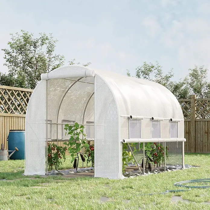 Outsunny Gewächshaus - 295 x 200 cm, Material Seitenwand: Kunststoff, 2 mm - Ein weißes, bogenförmiges Gewächshaus mit gittergemusterter Abdeckung im Garten, zum Anbau von Tomaten und Auberginen. Mit Rollfenstern.