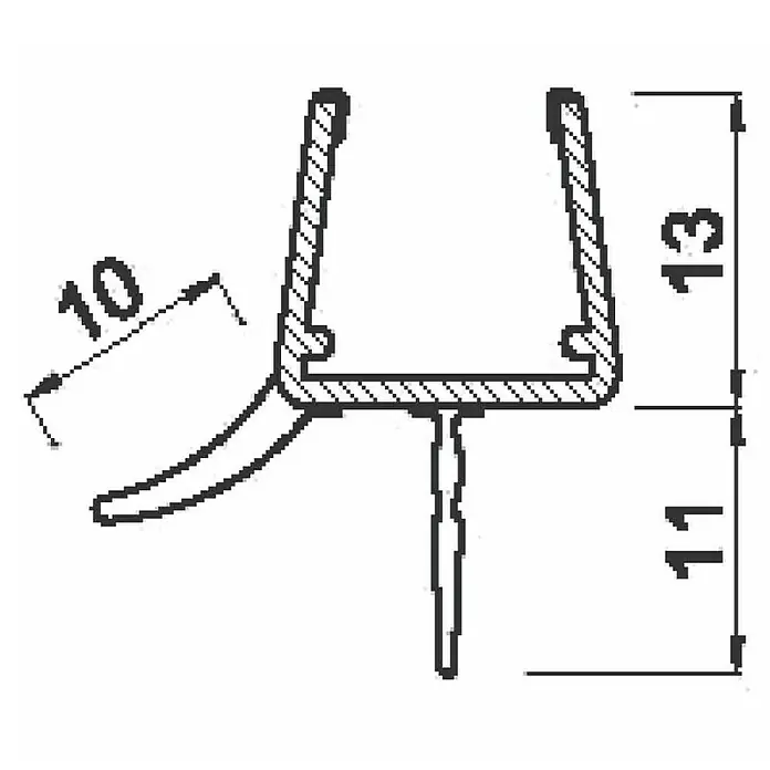 Perfil de sellado vierteaguas 10 - L x An x Al: 100 x 3 x 3 cm - Dibujo técnico de un perfil con dimensiones. El perfil tiene una altura de 13 mm y una anchura de 10 mm.