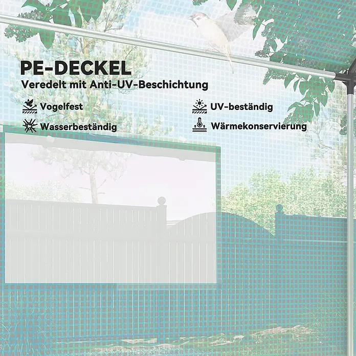 Outsunny Gewächshaus - 300 x 200 cm, Material Seitenwand: Kunststoff, 2 mm - Grüner PE-Deckel, vogelfest, wasser- und UV-beständig, mit Anti-UV-Beschichtung zur Wärmekonservierung.