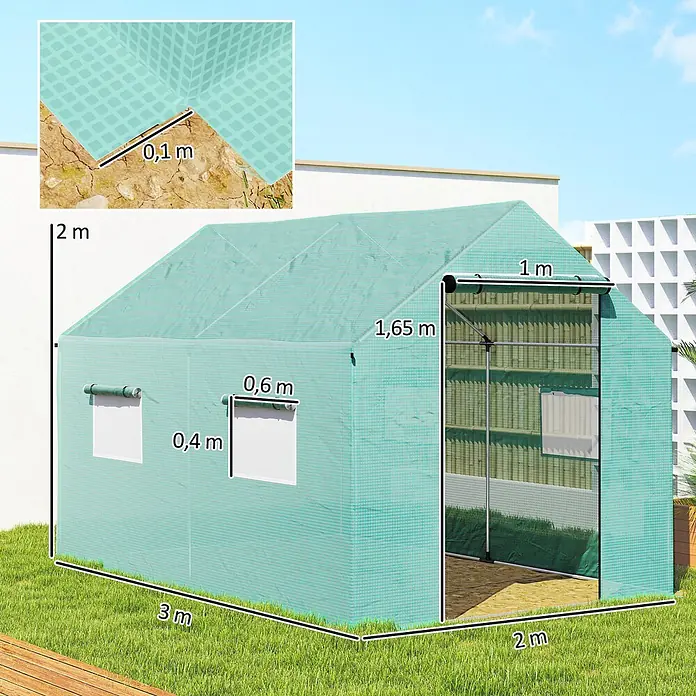 Outsunny Gewächshaus - 300 x 200 cm, Material Seitenwand: Kunststoff, 2 mm - Grünes Gewächshaus aus Netzgewebe mit Rolltür und Fenstern, außen gezeigt mit Maßen 3m x 2m x 2m.