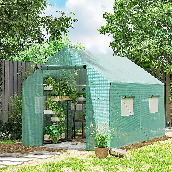 Outsunny Gewächshaus - 300 x 200 cm, Material Seitenwand: Kunststoff, 2 mm - Grünes Gewächshaus aus Stoff im Garten, gefüllt mit Topfpflanzen auf Regalen. Verfügt über Rolltür und Fenster.