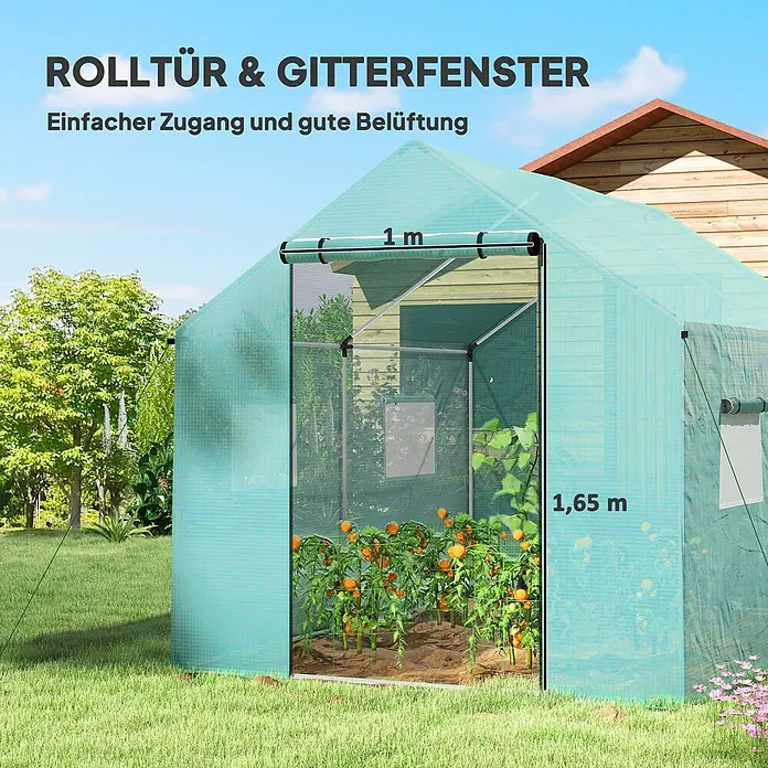 Outsunny Gewächshaus - 300 x 200 cm, Material Seitenwand: Kunststoff, 2 mm - Grünes Gewächshaus mit Rolltür (1m x 1,65m) und Gitterfenstern für einfachen Zugang und gute Belüftung, mit Tomatenpflanzen darin.