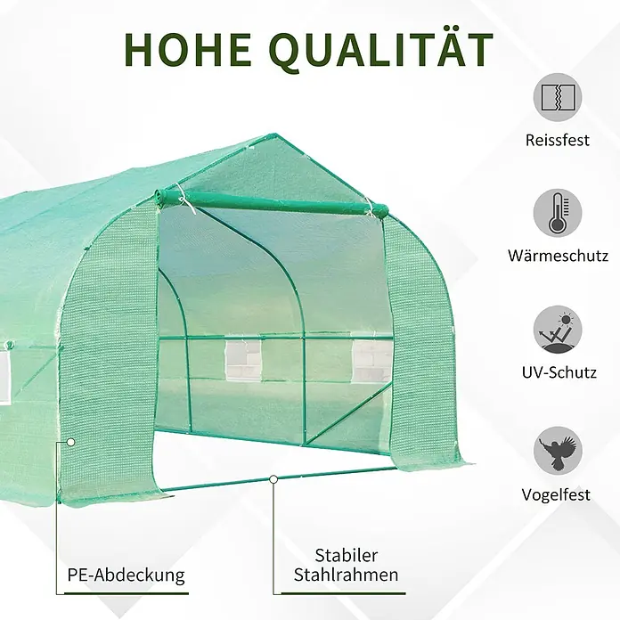 Outsunny Gewächshaus - 595 x 300 cm, Material Seitenwand: Kunststoff, 2 mm - Grüner PE-Folientunnel mit stabilem Stahlrahmen und Rollfenstern, reiß-, wärme-, UV- und vogelfest.