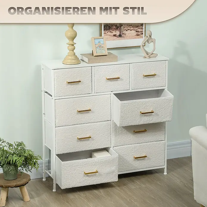 Homcom Kommode 1-teilig - Weiß, Anzahl Schubladen: 9 Stk. - Eine weiße Kommode mit neun flauschigen Textilschubladen und goldenen Griffen; einige Schubladen sind geöffnet.