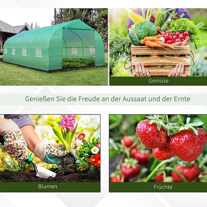 Outsunny Gewächshaus - 595 x 300 cm, Material Seitenwand: Kunststoff, 2 mm - Grünes Tunnelgewächshaus mit Bogenform, ideal für den Anbau von Pflanzen und Gemüse.