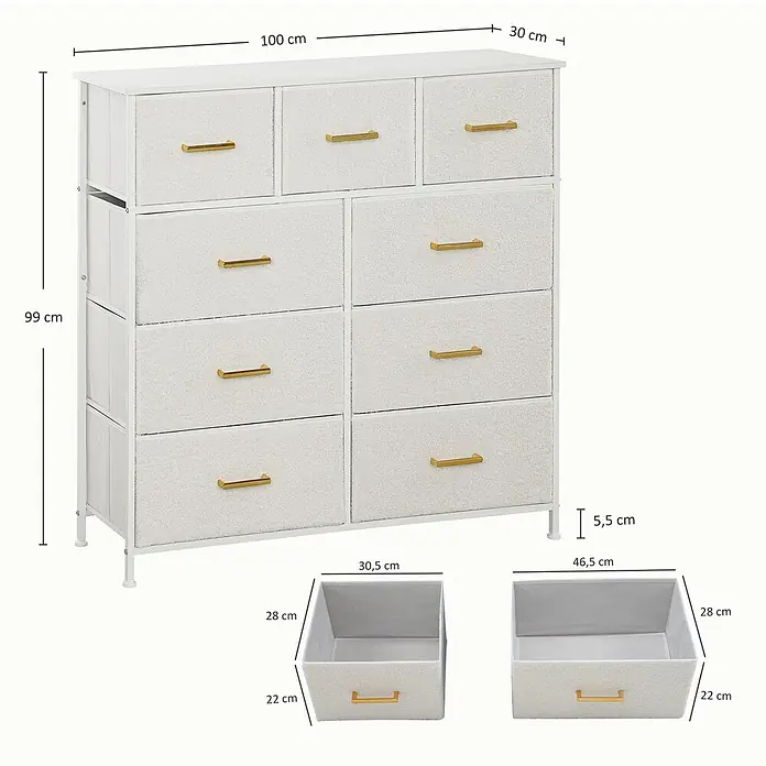 Homcom Kommode 1-teilig - Weiß, Anzahl Schubladen: 9 Stk. - Weißer Kommode mit 9 Stoffschubladen und goldenen Griffen, Metallrahmen, Maße angegeben.