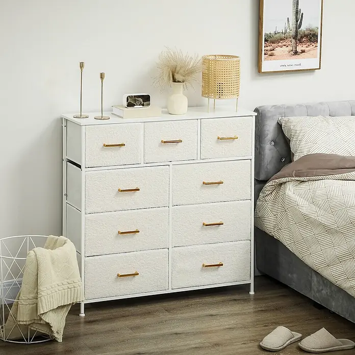 Homcom Kommode 1-teilig - Weiß, Anzahl Schubladen: 9 Stk. - Weiße Kommode mit strukturierten Stoffschubladen und goldenen Griffen, als Stauraum im Schlafzimmer.