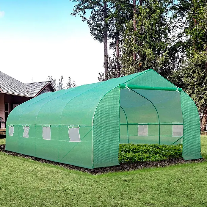 Outsunny Gewächshaus - 595 x 300 cm, Material Seitenwand: Kunststoff, 2 mm - Großes grünes Stoffgewächshaus im Garten mit aufrollbaren Fenstern und offener Tür, die Pflanzen zeigt.