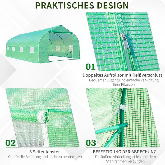 Outsunny Gewächshaus - 595 x 300 cm, Material Seitenwand: Kunststoff, 2 mm - Grünes Tunnel-Gewächshaus mit doppeltem Reißverschluss-Roll-up-Tor, Seitenfenstern und einer am Stahlrahmen befestigten Abdeckung.