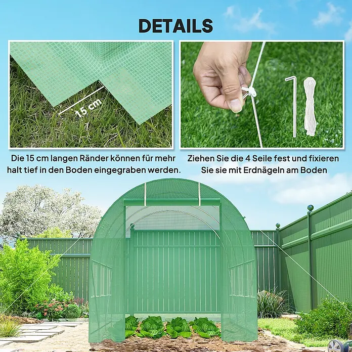 Furnicato Gewächshaus - 200 x 350 cm, Material Seitenwand: Stahl, 14 mm, Grün - Grünes Netz-Minigewächshaus im Garten mit 15 cm Rändern zum Eingraben und Seilen/Heringen zur Bodenfixierung.