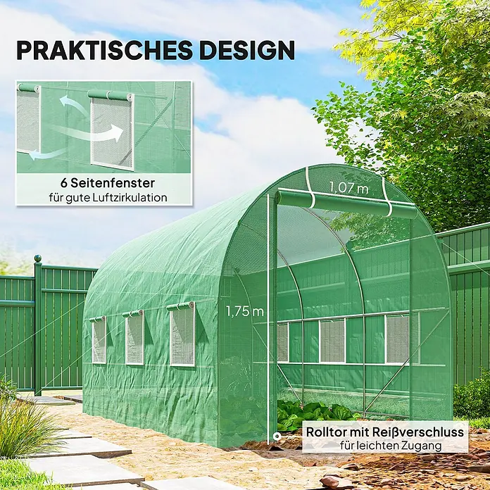 Furnicato Gewächshaus - 200 x 350 cm, Material Seitenwand: Stahl, 14 mm, Grün - Grünes Tunnelgewächshaus mit 6 Seitenfenstern für Luftzirkulation und Reißverschluss-Rolltor für einfachen Zugang. Maße: 1,75m Höhe, 1,07m Türbreite.