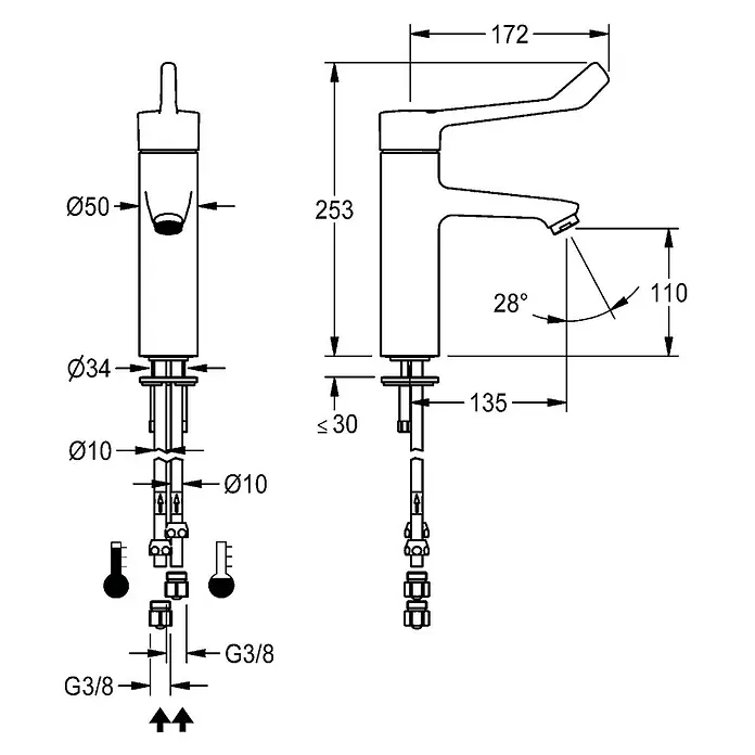 KWC Waschtischarmatur KWC AR Thermostat-Standbatterie, F4, EHM, 135 mm, Armhebel, Rohre - poliert verchromt - Technisches Datenblatt eines modernen Einhebel-Waschtischmischers mit Abmessungen und Anschlüssen.
