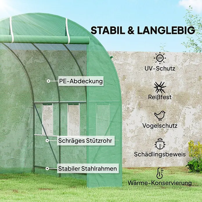 Furnicato Gewächshaus - 200 x 350 cm, Material Seitenwand: Stahl, 14 mm, Grün - Grünes, gewölbtes Gewächshaus mit PE-Abdeckung und stabilem Stahlrahmen, bietet UV-, Vogel- und Schädlingsschutz sowie Wärmekonservierung.