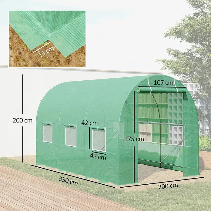 Outsunny Gewächshaus - Außenmaß inkl. Dachüberstand (B x T): 350 x 200 cm, Material Seitenwand: Kunststoff, 2 mm - Grünes Tunnelgewächshaus mit den Maßen 350x200x200 cm, mit mehreren Fenstern und einer Rolltür.