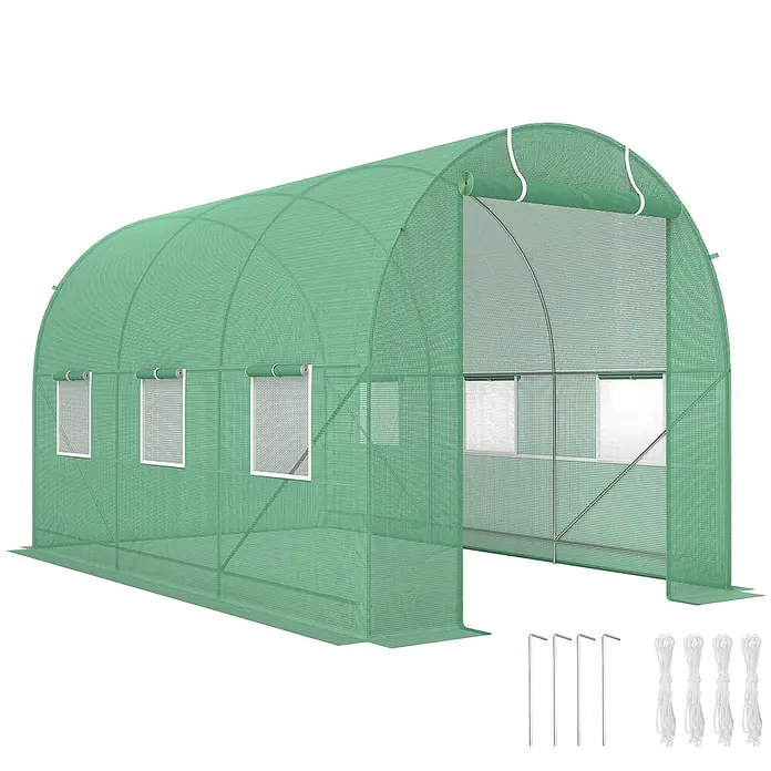 Outsunny Gewächshaus - Außenmaß inkl. Dachüberstand (B x T): 350 x 200 cm, Material Seitenwand: Kunststoff, 2 mm - Grünes Tunnelgewächshaus aus Netzgewebe mit Rolltür und Fenstern. Erdspieße und Seile sind enthalten.