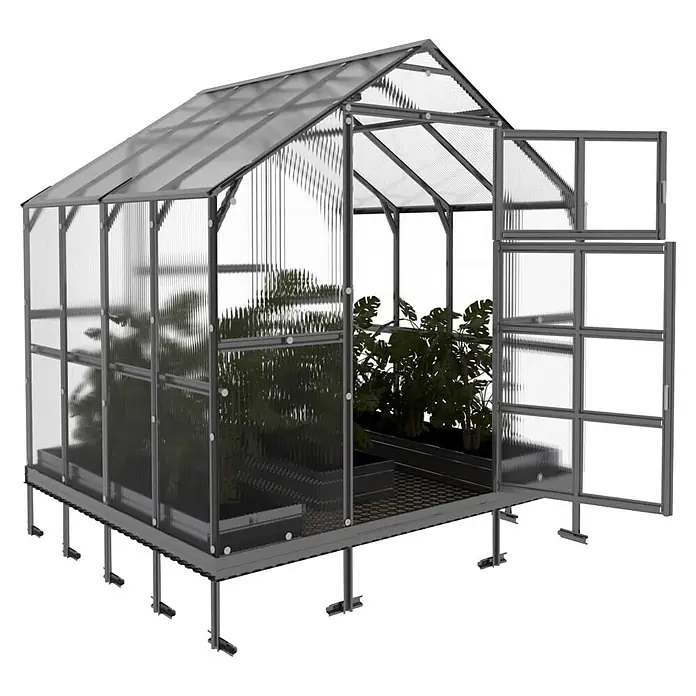 Klasika Greenhouses Gewächshaus House Klasika - Außenmaß inkl. Dachüberstand (B x T): 235 x 212 cm, Material Seitenwand: Kunststoff, 6 mm, Silbergrau - Erhöhtes graues Gewächshaus mit transparenten Rippenpaneelen und geöffneten Türen, Pflanzen im Inneren.