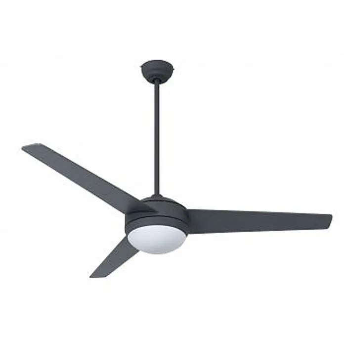 Vam Deckenventilator VEGALIGHT graphit-Teak/Walnuss 132 cm - Teak-Walnuss, 1.320 mm, 46 W - Dunkelgrauer Deckenventilator mit drei Flügeln und integrierter kugelförmiger weißer Leuchte, an einer Stange hängend.