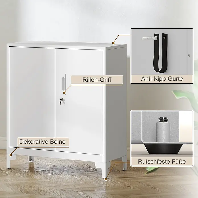 Homcom Metall-Mehrzweckschrank 1-teilig - Weiß - Weißer Metallschrank mit zwei Türen, Rillen-Griffen, Schloss, dekorativen Beinen, rutschfesten Füßen und Anti-Kipp-Gurten.
