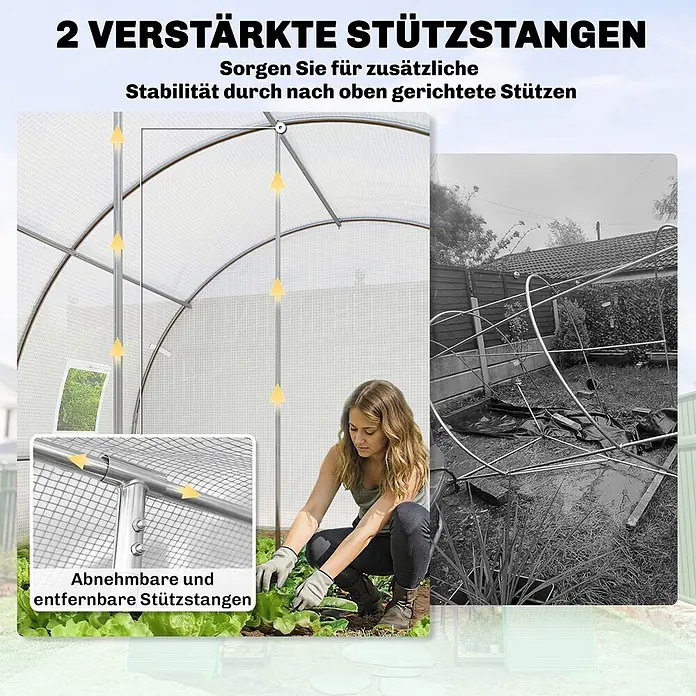 Furnicato Gewächshaus - 300 x 396 cm, Material Seitenwand: Stahl, 14 mm, silber - Zwei verstärkte, abnehmbare Metall-Stützstangen für Gewächshäuser, für erhöhte Stabilität.