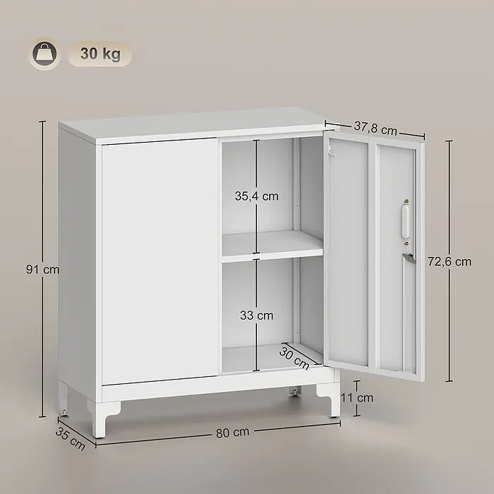 Homcom Metall-Mehrzweckschrank 1-teilig - Weiß - Weißer Metallschrank (30 kg Traglast) mit zwei Türen, eine offenbart zwei Regalböden. Maße: 80x35x91 cm (BxTxH), Türhöhe 72,6 cm.