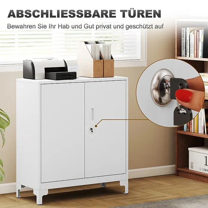 Homcom Metall-Mehrzweckschrank 1-teilig - Weiß - Weißer Metallschrank mit abschließbaren Türen für sichere Aufbewahrung, mit Detailansicht des Schlosses und Schlüssels.