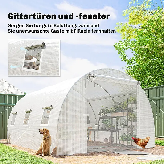 Furnicato Gewächshaus - 300 x 396 cm, Material Seitenwand: Stahl, 14 mm, silber - Weißes Gewächshaus mit Netzfenstern & Rolltür zur Belüftung, schützt Pflanzen vor Schädlingen. Mit Gitterabdeckung.
