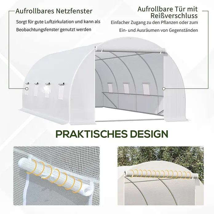 Outsunny Gewächshaus - 595 x 300 cm, Material Seitenwand: Kunststoff, 2 mm - Weißes Gewächshaus mit aufrollbaren Netzfenstern für Belüftung und einer aufrollbaren Tür mit Reißverschluss für einfachen Zugang.