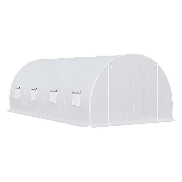 Outsunny Gewächshaus - 595 x 300 cm, Material Seitenwand: Kunststoff, 2 mm - Weißes Tunnelgewächshaus aus verstärktem Kunststoff mit mehreren aufrollbaren Seitenfenstern.