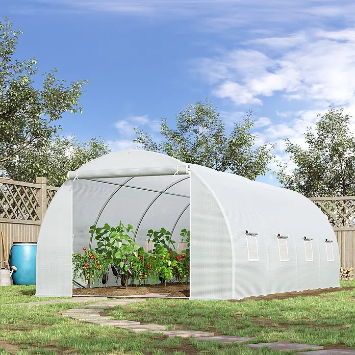 Outsunny Gewächshaus - 595 x 300 cm, Material Seitenwand: Kunststoff, 2 mm - Weißes Bogengewächshaus im Garten mit aufrollbarer Tür und Seitenfenstern, schützt Tomaten und Auberginen.