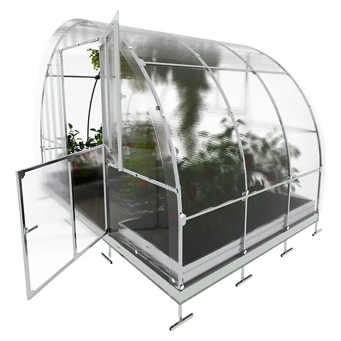 Klasika Greenhouses Gewächshaus Tube Klasika - Außenmaß inkl. Dachüberstand (B x T): 300 x 200 cm, Material Seitenwand: Kunststoff, 4 mm, Silbergrau - Kompaktes Gewächshaus mit transparenten Wellplatten, weißem Rahmen und offener Tür, auf kurzen Beinen.