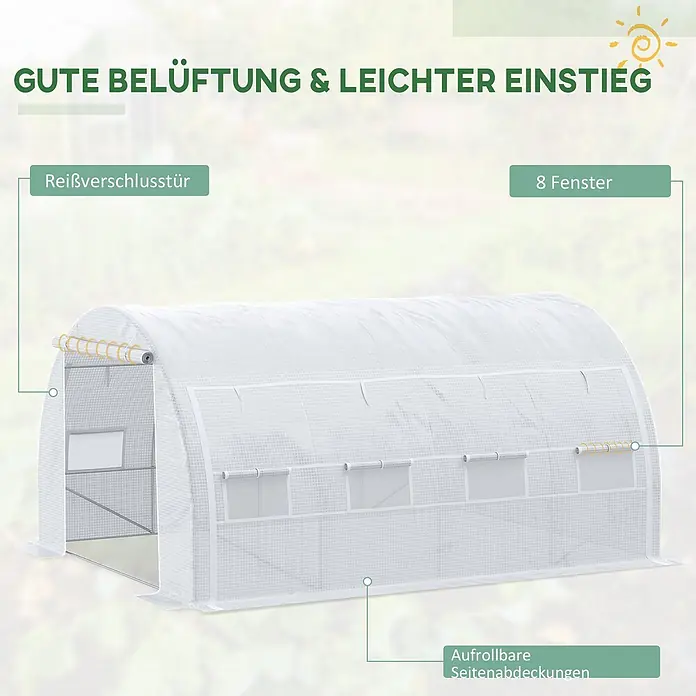 Outsunny Gewächshaus - 397 x 300 cm, Material Seitenwand: Kunststoff, 2 mm - Weißes Folientunnel-Gewächshaus mit Reißverschluss, 8 Fenstern und aufrollbaren Seitenabdeckungen für gute Belüftung und leichten Zugang.