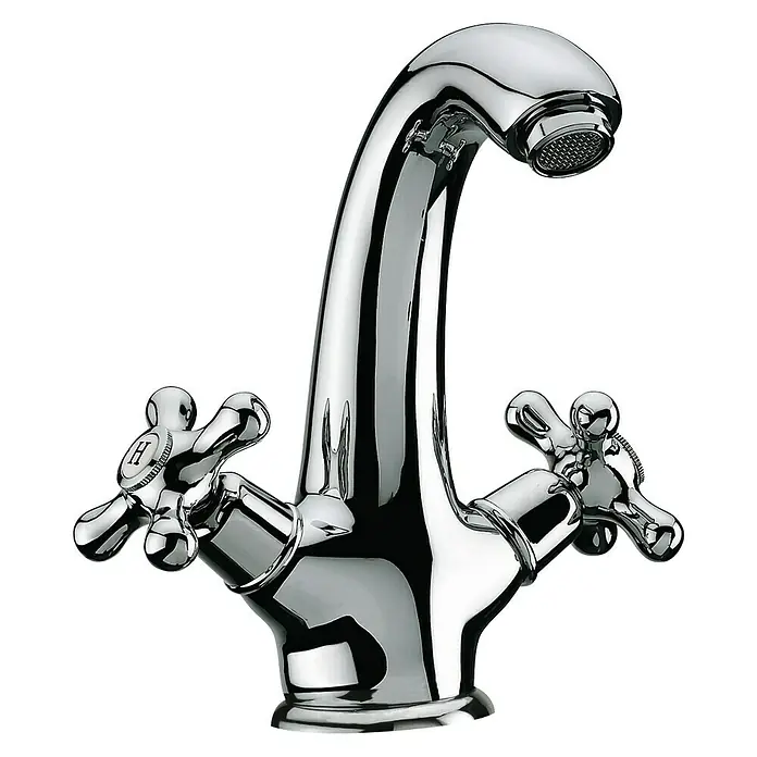 Grifo de lavabo Rustic - Cromo, Brillante - Un grifo cromado brillante con manijas de cruz clásicas, que combina elegancia y funcionalidad en cualquier baño.