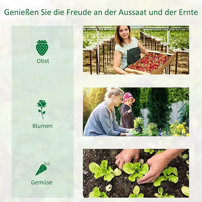 Outsunny Gewächshaus - 397 x 300 cm, Material Seitenwand: Kunststoff, 2 mm - Menschen genießen Gartenarbeit: Erdbeeren ernten, Blumen mit Kind pflanzen, Salat setzen. Symbole für Obst, Blumen, Gemüse.