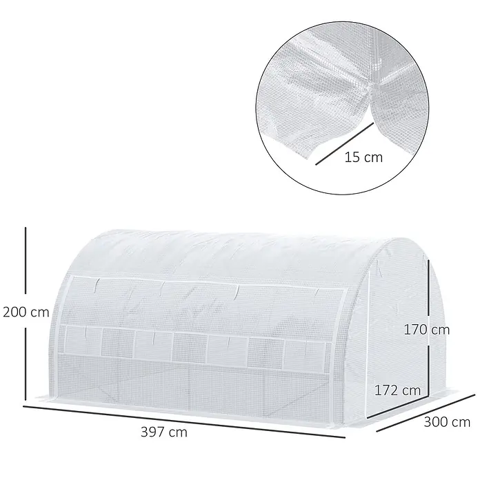 Outsunny Gewächshaus - 397 x 300 cm, Material Seitenwand: Kunststoff, 2 mm - Weißes, netzverstärktes Tunnelgewächshaus mit Fenstern und Maßen (397x300x200cm).