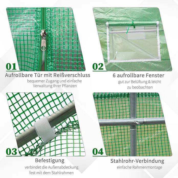 Outsunny Gewächshaus - 350 x 300 cm, Material Seitenwand: Kunststoff, 2 mm - Grüne, gitterverstärkte Gewächshausdetails: Reißverschluss-Tür, aufrollbares Fenster, Abdeckungsbefestigung und Stahlrohrrahmenverbindung.