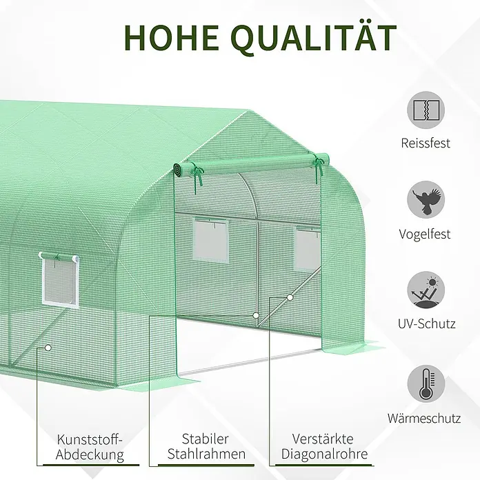 Outsunny Gewächshaus - 350 x 300 cm, Material Seitenwand: Kunststoff, 2 mm - Grünes Gewächshaus mit Kunststoffabdeckung, stabilem Stahlrahmen, verstärkten Diagonalrohren; reissfest, vogelfest, UV- und wärmeschützend.