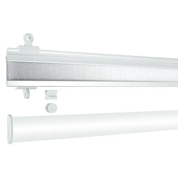 Expo Ambiente Paneelwagen Clic - Weiß, Scope of services: Paneelwagen und Beschwerungsprofil, Breite: 60 cm - Nahaufnahme einer weißen Rolloschiene mit Zubehör, ideal für die Fensterdekoration und zur einfachen Montage von Vorhängen.