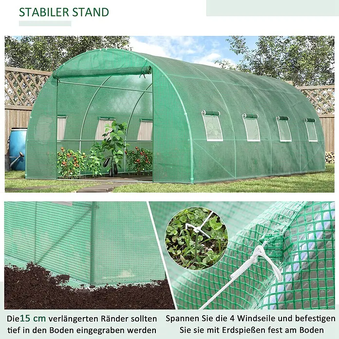 Furnicato Gewächshaus - Außenmaß inkl. Dachüberstand (B x T): 300 x 590 cm, Material Seitenwand: Kunststoff, 14 mm, Grau - Großes grünes Tunnelgewächshaus im Garten, mit 15 cm verlängerten Rändern zum Eingraben und Abspannseilen mit Erdspießen für Stabilität.