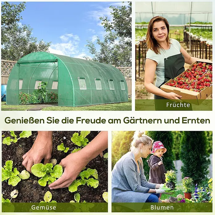 Furnicato Gewächshaus - Außenmaß inkl. Dachüberstand (B x T): 300 x 590 cm, Material Seitenwand: Kunststoff, 14 mm, Grau - Großes grünes Tunnelgewächshaus im Garten, mit Beispielen für Obst-, Gemüse- und Blumenanbau.
